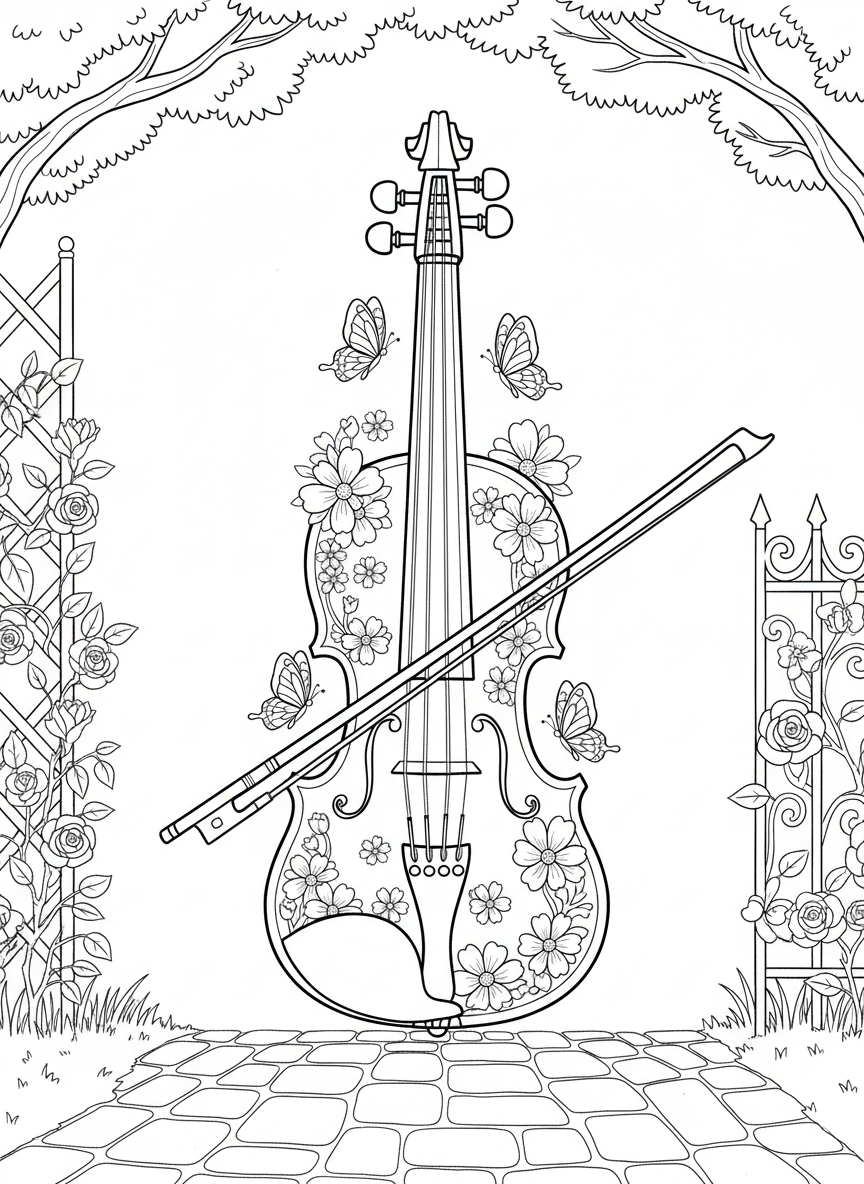 A violin with its bow resting across the strings, decorated with small flowers and butterflies around the edges.