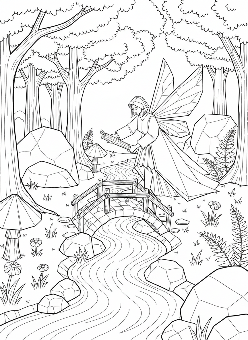 An origami fairy building a tiny bridge over a stream using folded paper logs and stones in a woodland setting