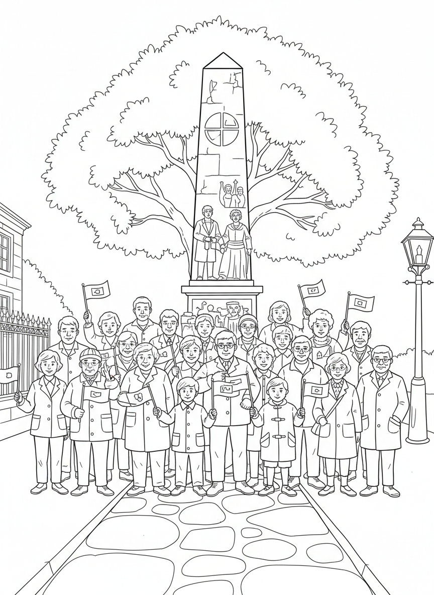 A community gathering with people of different ages holding small flags and standing together in front of a monument.