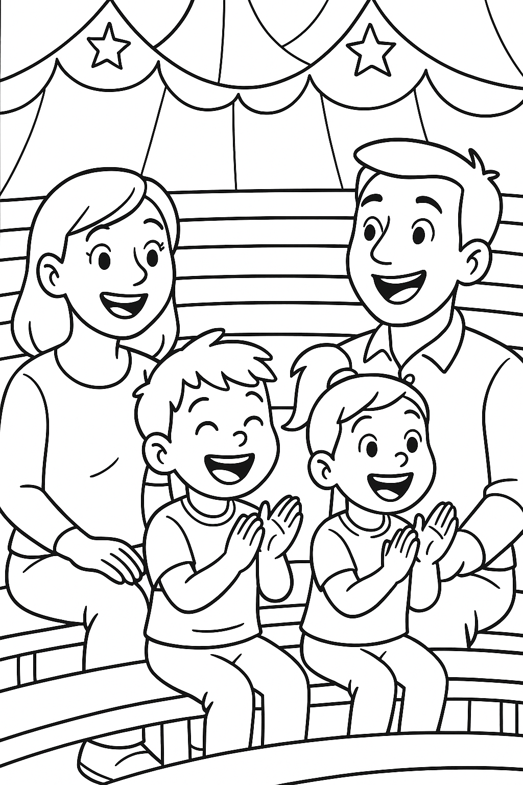 A joyous family scene at the circus: a mom, dad, and two excited children sit together in the audience, looking up at a performance in the ring (which is just out of view). The children are clapping and smiling, fully immersed in the spectacle.