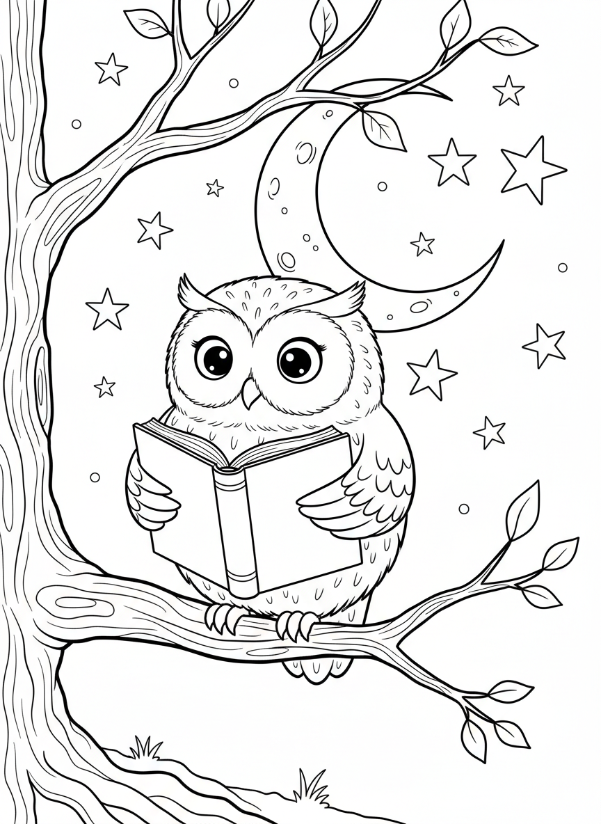 A cute owl perched on a branch at night, holding an open book in its wings with stars and a crescent moon in the background.