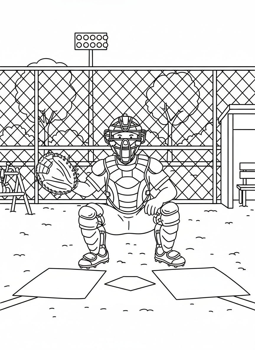 A young catcher crouching behind home plate in full protective gear including mask, chest protector, and mitt ready to catch.