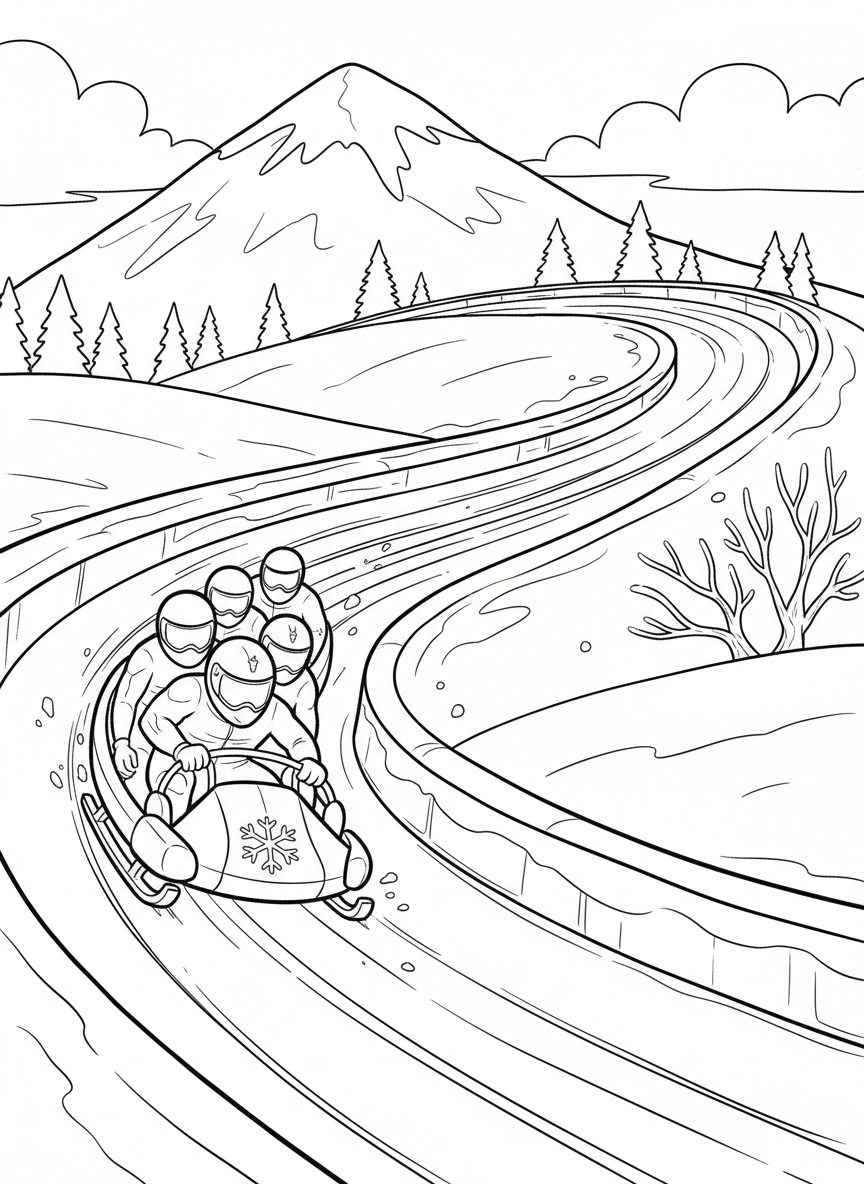 Winter Olympics coloring page prompts capturing snowy venues, cold-weather sports, and dramatic winter competition.	A bobsled team launching down an icy track, bodies tucked low as speed builds rapidly.