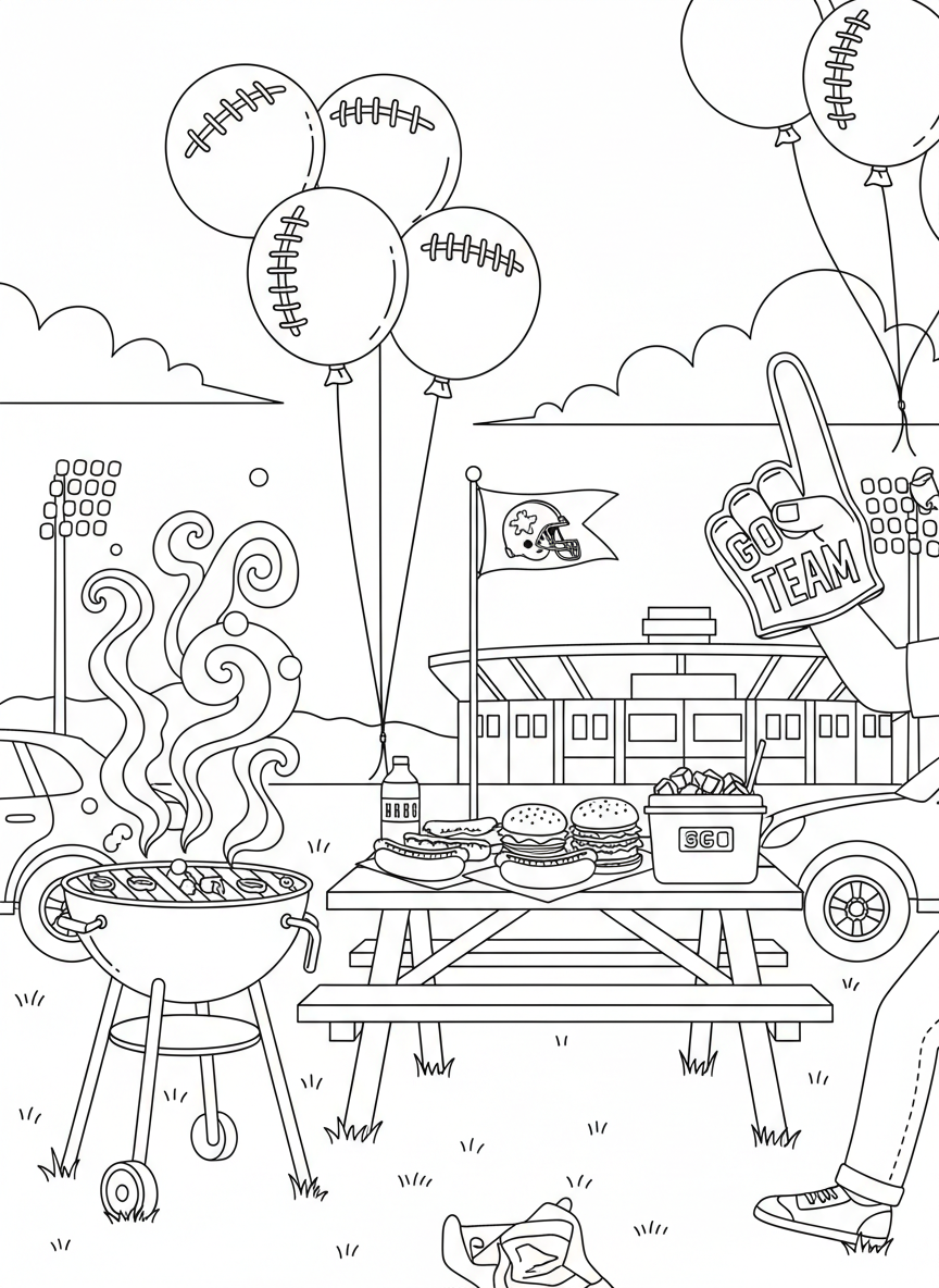 A tailgate party scene with a grill, picnic table, football decorations, and balloons, pre-game celebration
