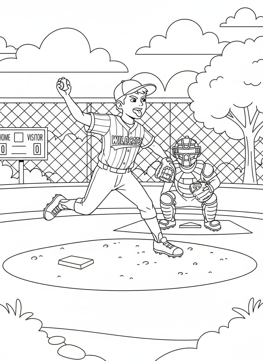 A young Little League pitcher winding up on the mound, tongue stuck out in fierce concentration, while the catcher crouches behind home plate in full catcher's gear ready for the pitch.