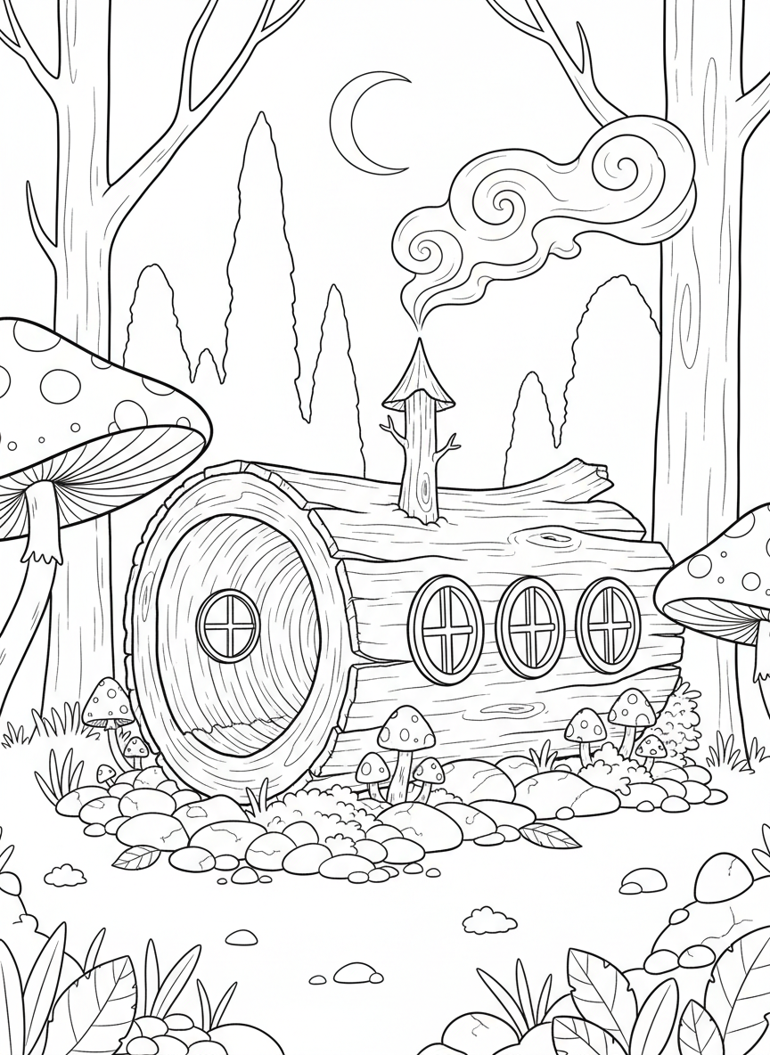 A fairy house inside a hollow log with round porthole windows, a chimney made from a small branch, and mushrooms growing nearby.