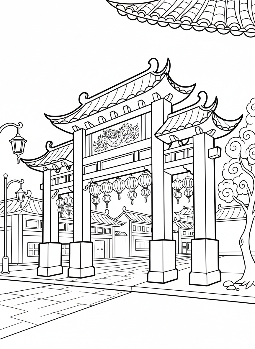 Chinatown gate with traditional architecture, lanterns hanging, and a dragon decoration, cultural landmark line art for kids.