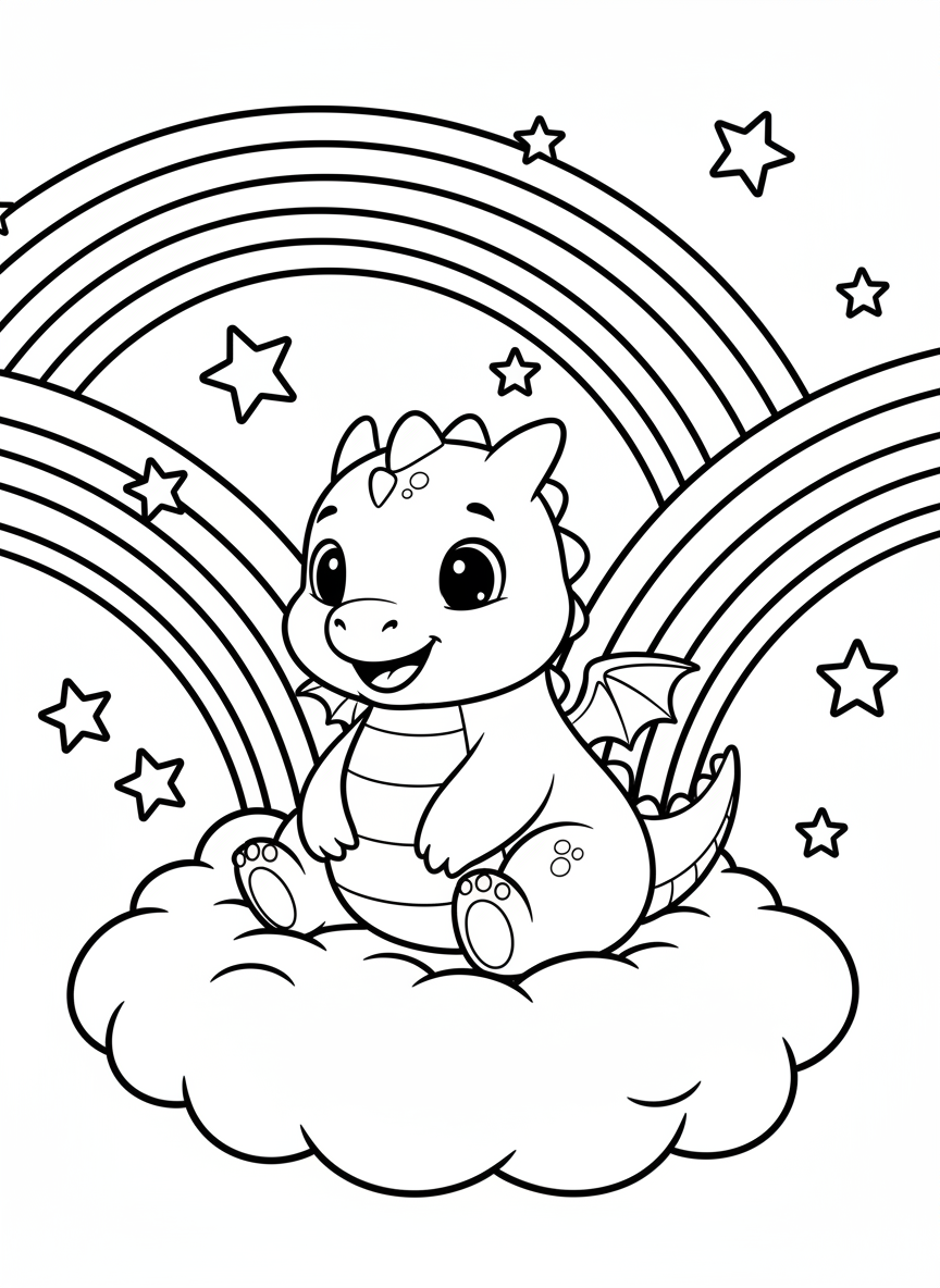 A friendly baby dragon sitting on a cloud, smiling with big eyes and tiny wings, surrounded by stars and a rainbow in the background