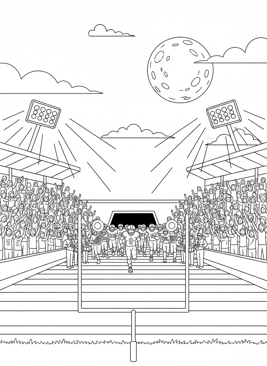 Friday Night Lights coloring page prompts capturing high school football atmosphere, community pride, and glowing stadium scenes.	Players running onto the field through a tunnel as the marching band plays and the crowd cheers loudly.