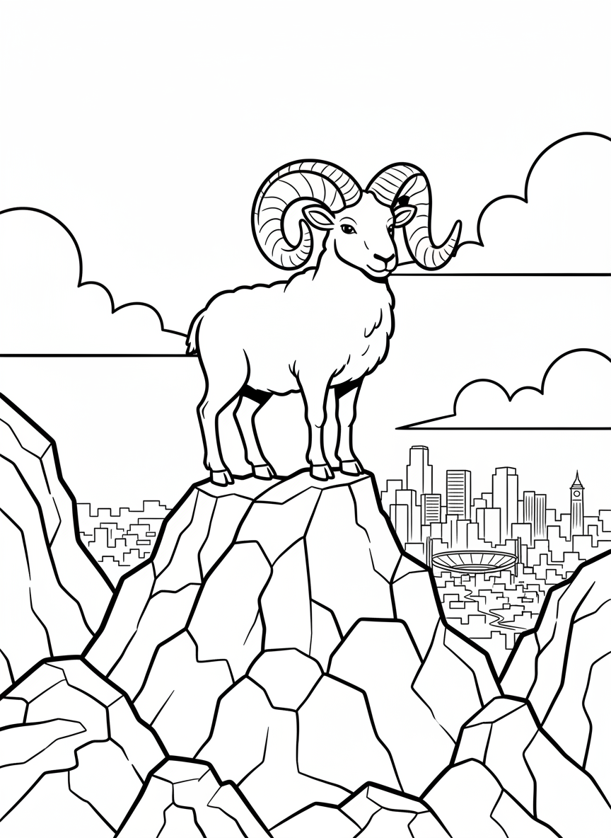A cute cartoon bighorn sheep standing on a rocky mountain peak with the Denver skyline far below in the valley.
