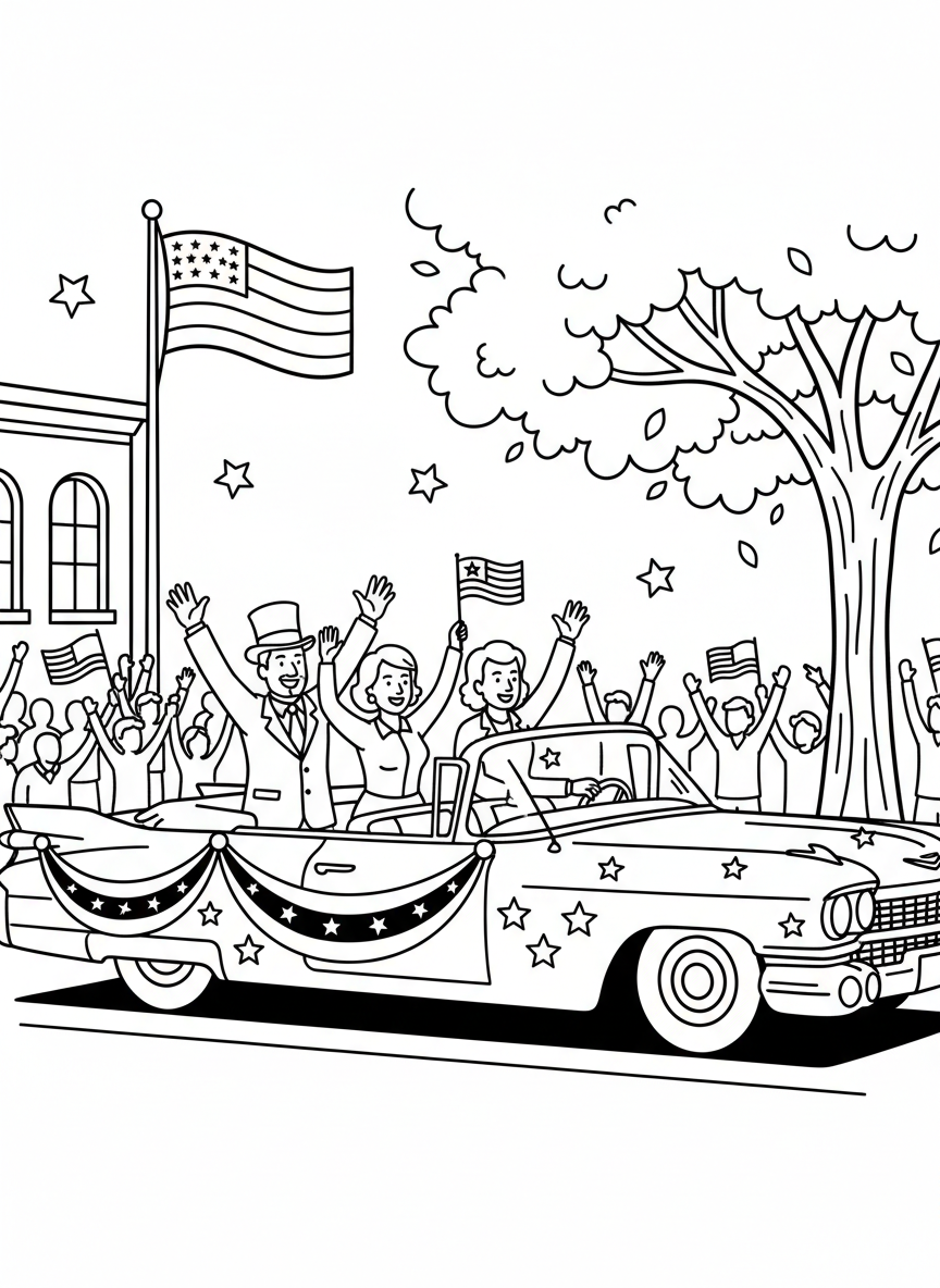 A vintage convertible car decorated with patriotic bunting and stars, carrying local community leaders waving to parade watchers.