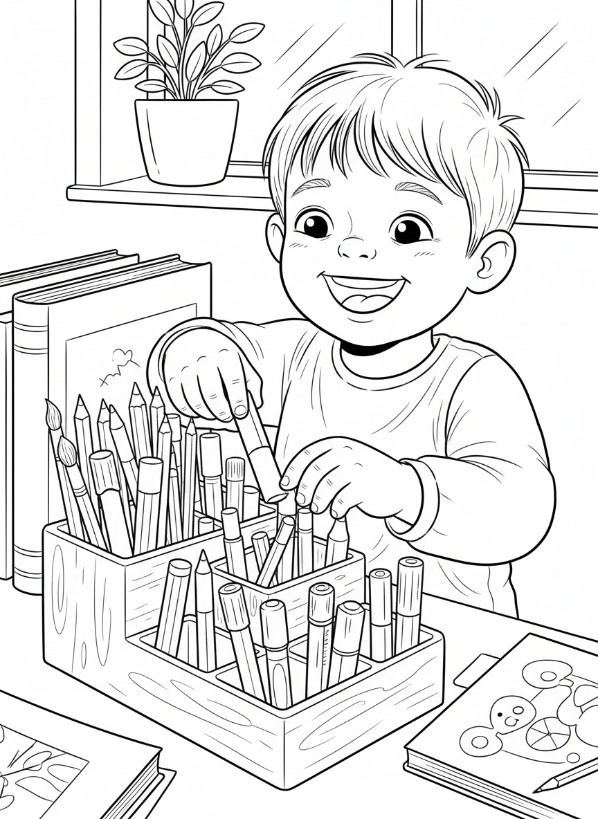 A happy child organizing pencils and markers in a desk caddy, art supplies spread out, close-up view of organization