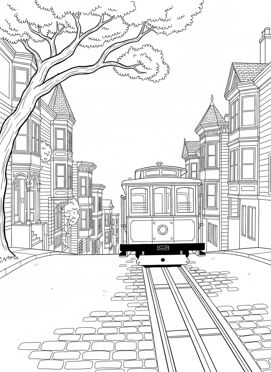 A classic San Francisco cable car climbing a steep hill with Victorian houses in the background, simple line art with clear outlines for coloring.