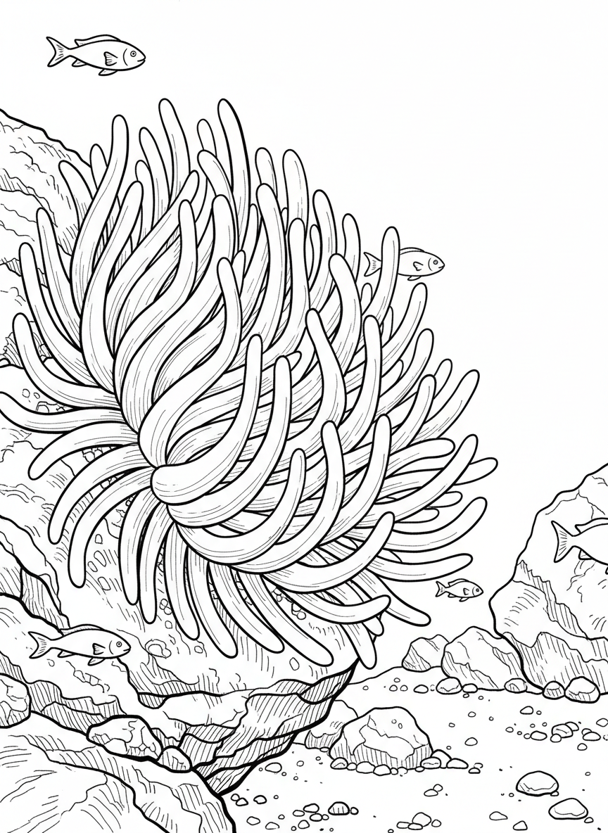 Close-up of a sea anemone with flowing tentacles waving gently, attached to a rock with small fish swimming nearby, detailed but clean line work