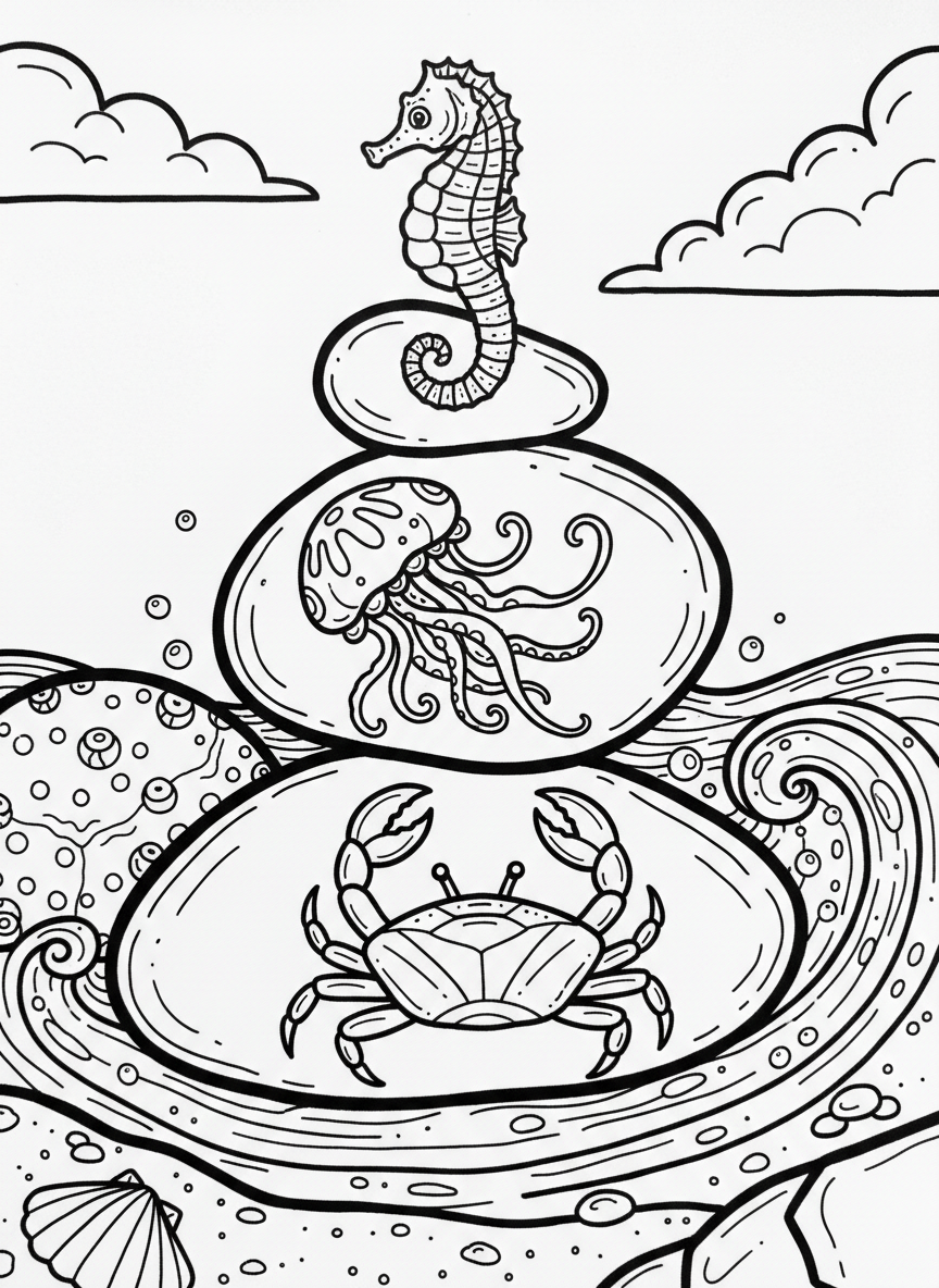 Three stacked tide pool rocks decorated with different sea creatures: a crab, jellyfish, and seahorse, each with clear outlines and simple patterns