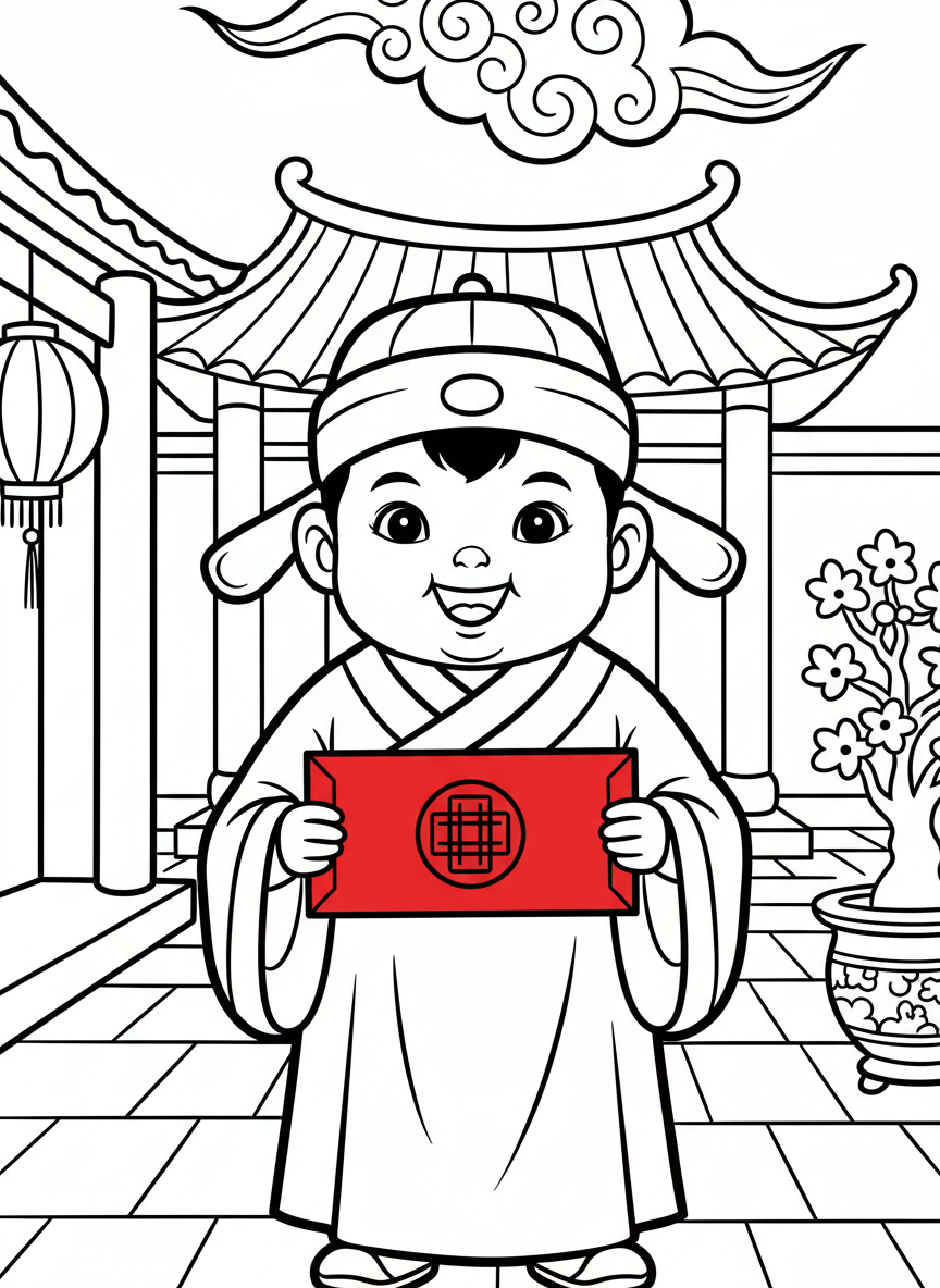 A cute child holding a large red envelope with both hands, wearing traditional outfit, simple portrait