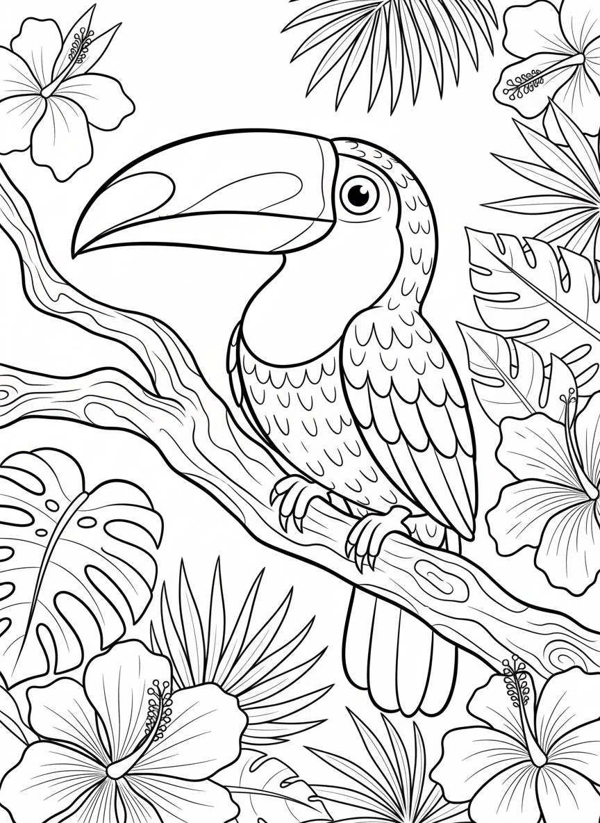 A cheerful toucan perched on a thick jungle branch, with its large beak and detailed feathers, surrounded by tropical leaves and flowers.