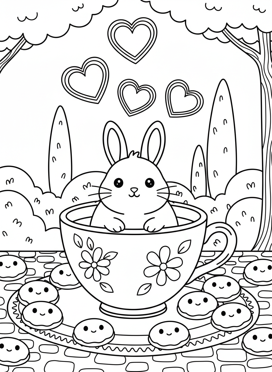 An adorable chubby bunny sitting inside a teacup with steam hearts rising, surrounded by tiny cookies with faces