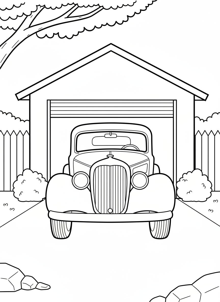 A classic vintage car with round headlights and curved fenders parked in front of a small garage, simple line art for coloring