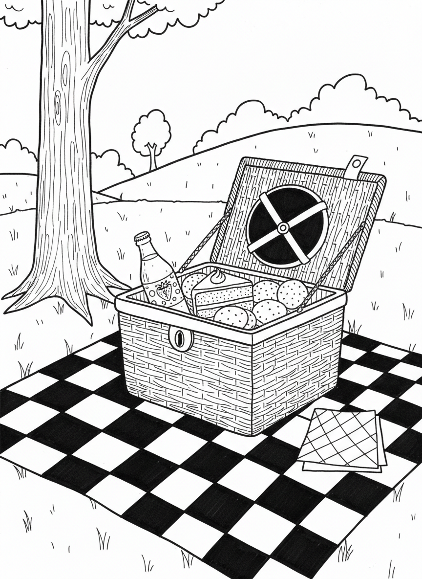 A picnic basket filled with traditional Juneteenth foods like strawberry soda and red velvet cake, with a checkered blanket
