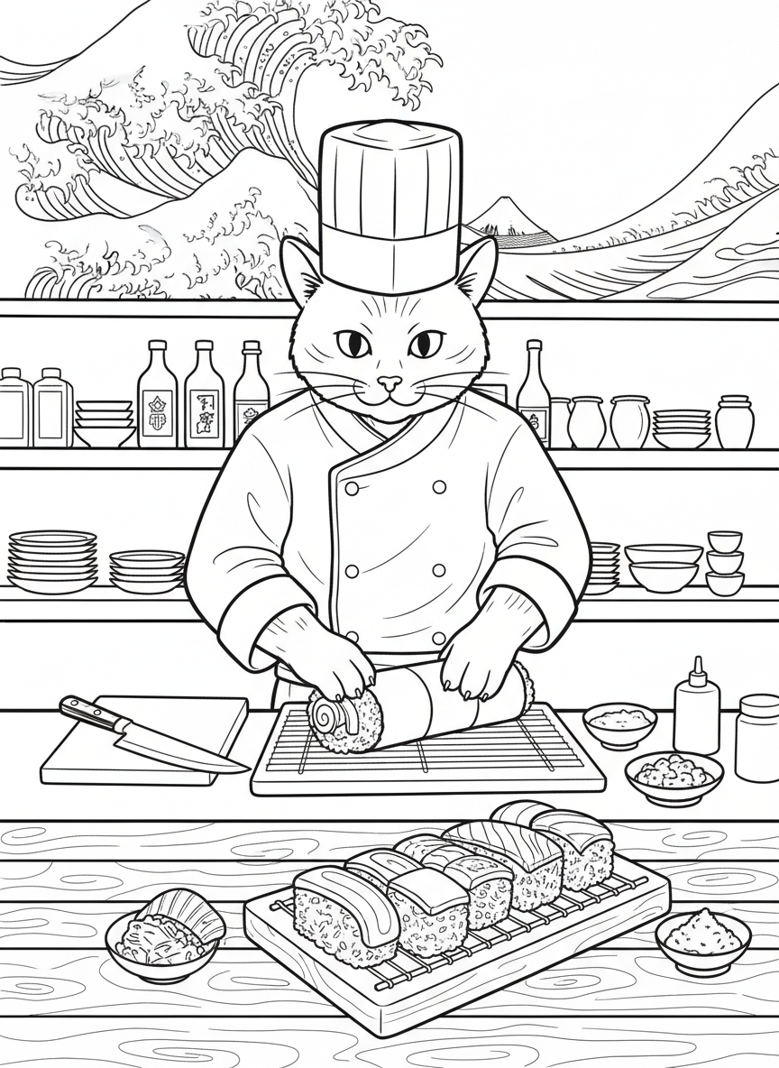A sushi chef cat character making sushi rolls at a counter with ingredients around