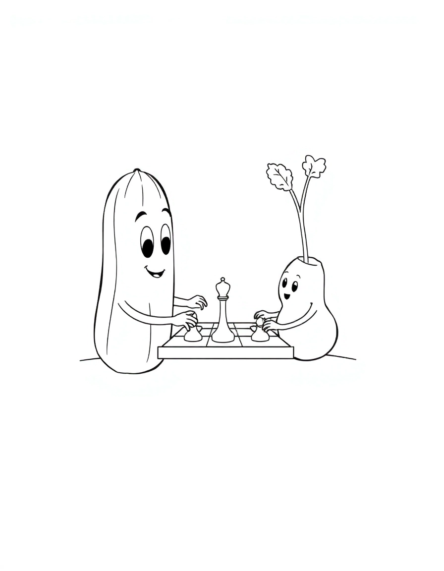 A cucumber and a radish playing chess.
