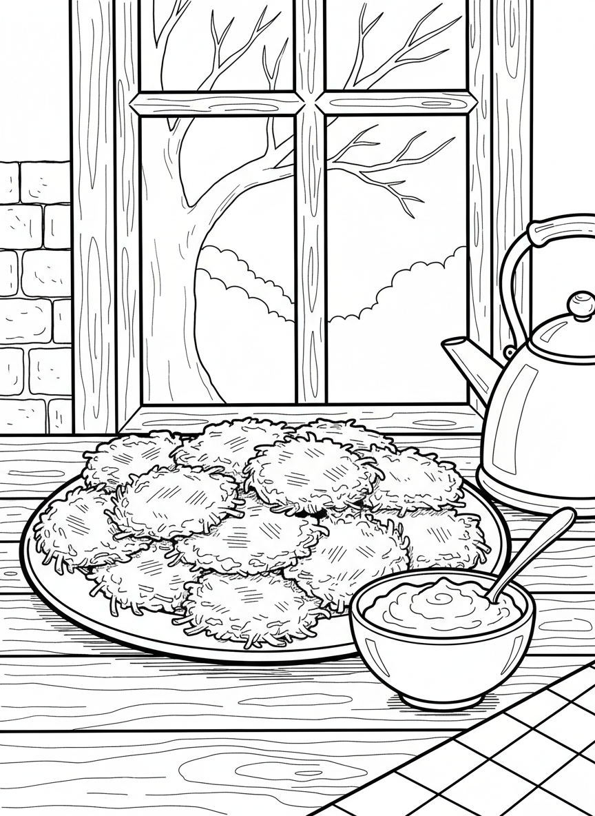A plate stacked high with golden latkes (potato pancakes) next to a small bowl of applesauce, viewed from above with clear outlines.