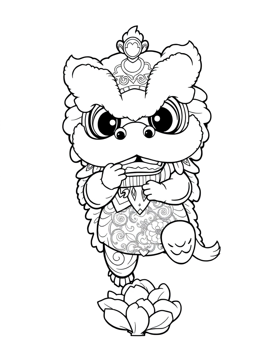 Lion Dance: A playful "Lion Dance" costume character (with the big head and fur) jumping for a head of lettuce.