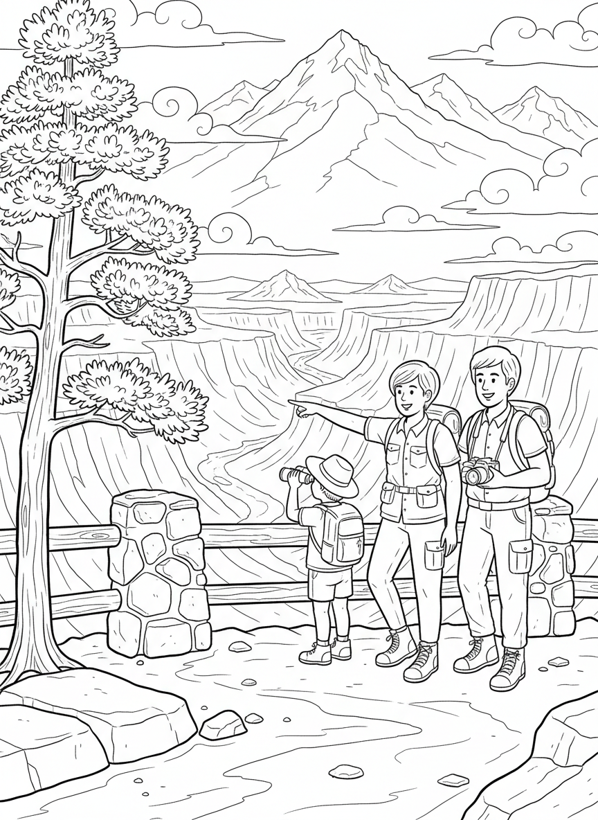 Summer Vacation coloring page prompts capturing travel adventures, relaxed days, family trips, and sunny escapes.	A national park overlook with travelers pausing to admire sweeping views under clear skies.