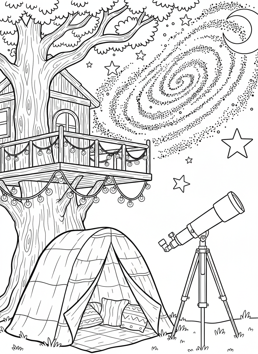 A treehouse with string lights, a cozy blanket fort, and a telescope positioned for viewing, with the Milky Way visible overhead.