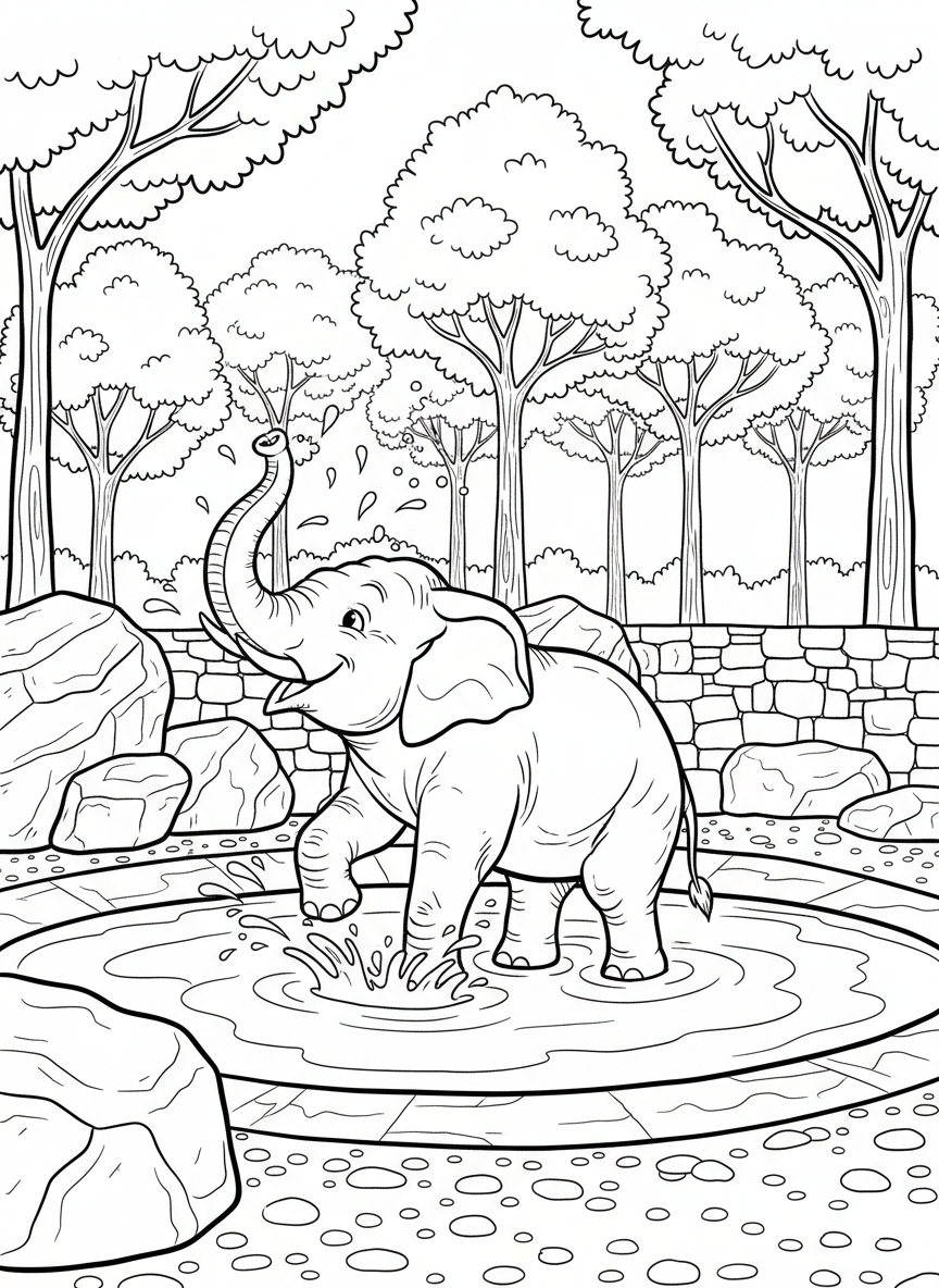 A playful elephant splashing in water at the Fort Worth Zoo, with trees and zoo enclosure elements in the background
