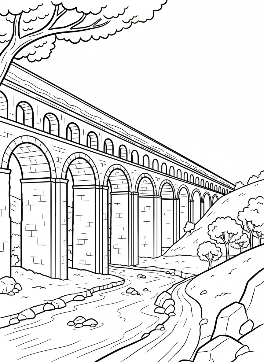 Roman aqueduct stretching across a valley with multiple arches, water flowing through the top channel, and countryside scenery below.