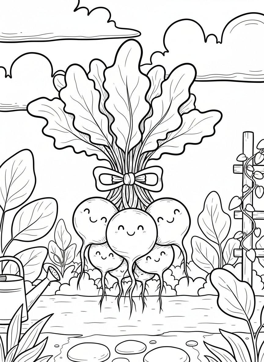 Happy radish bunch with leafy tops tied together, showing round bulbs and root details, cheerful and simple