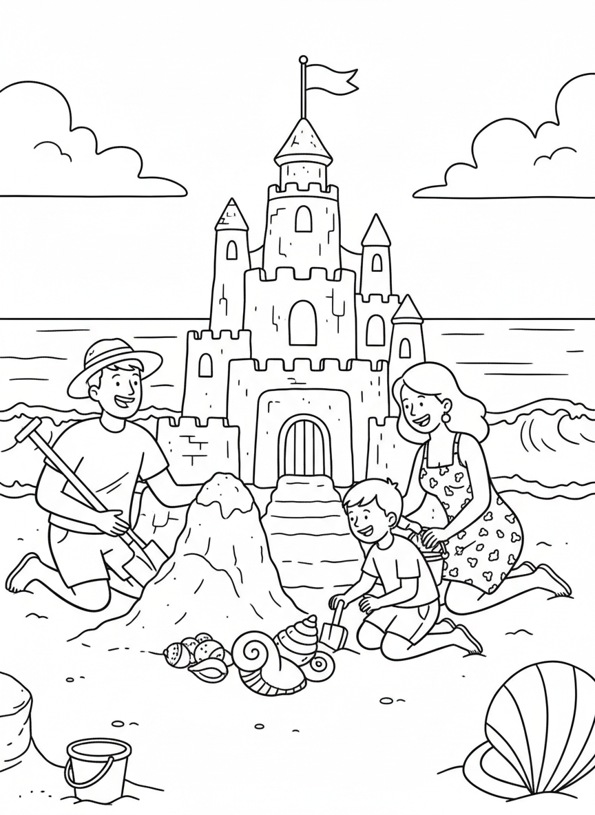 A happy family building a large sandcastle on the beach with buckets, shovels, and seashells, ocean waves in the background