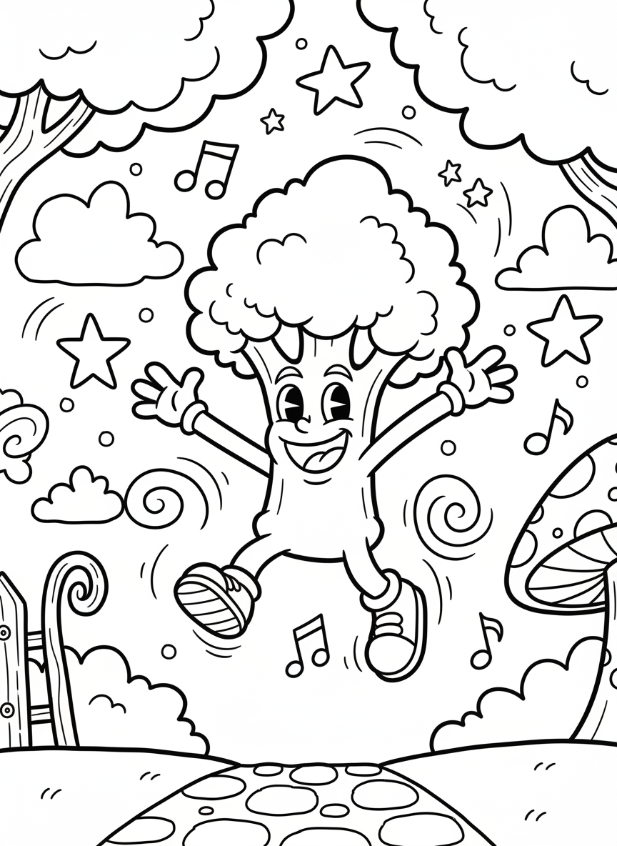 A happy broccoli character with arms and legs doing a jumping pose, fun and playful design with clear outlines