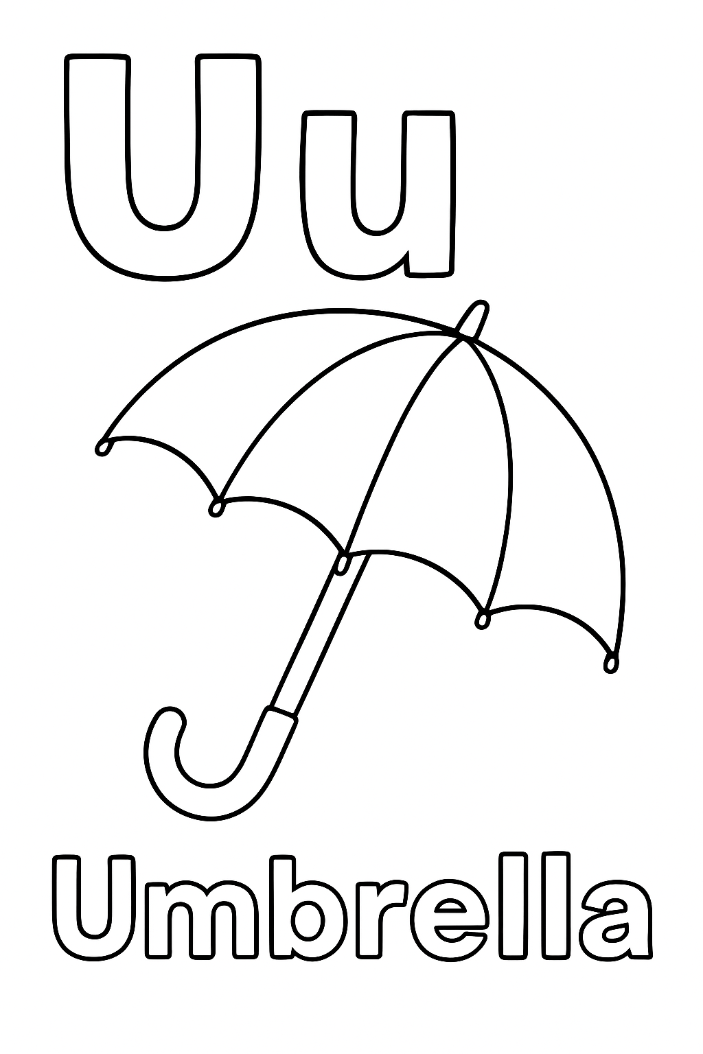 The uppercase letter “U” next to the lowercase letter “u”. With an umbrella image under the letters. Write out the object “Umbrella”.