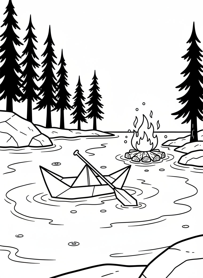 A simple origami canoe with paddle, shown on a calm lake with pine trees and a campfire on the shore.