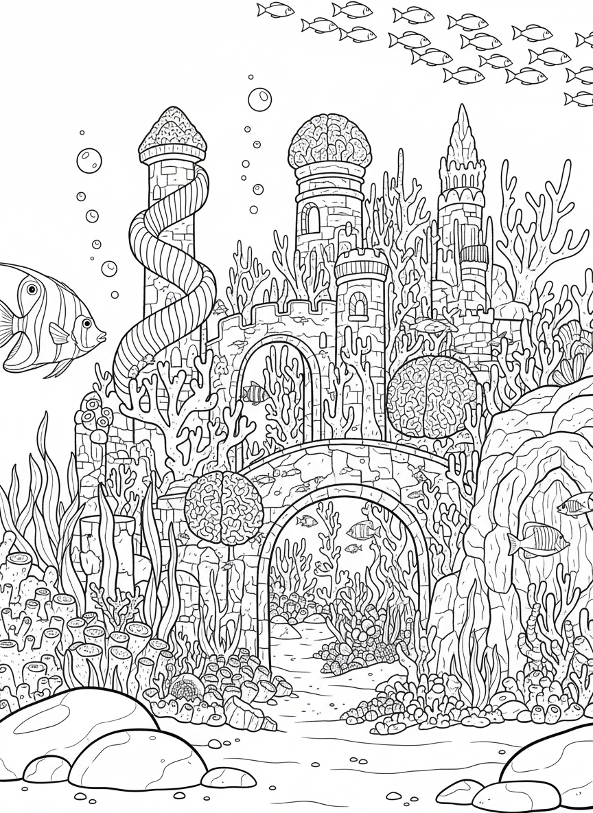 An elaborate coral castle scene with towers made of different coral types, fish swimming through archways like an underwater kingdom