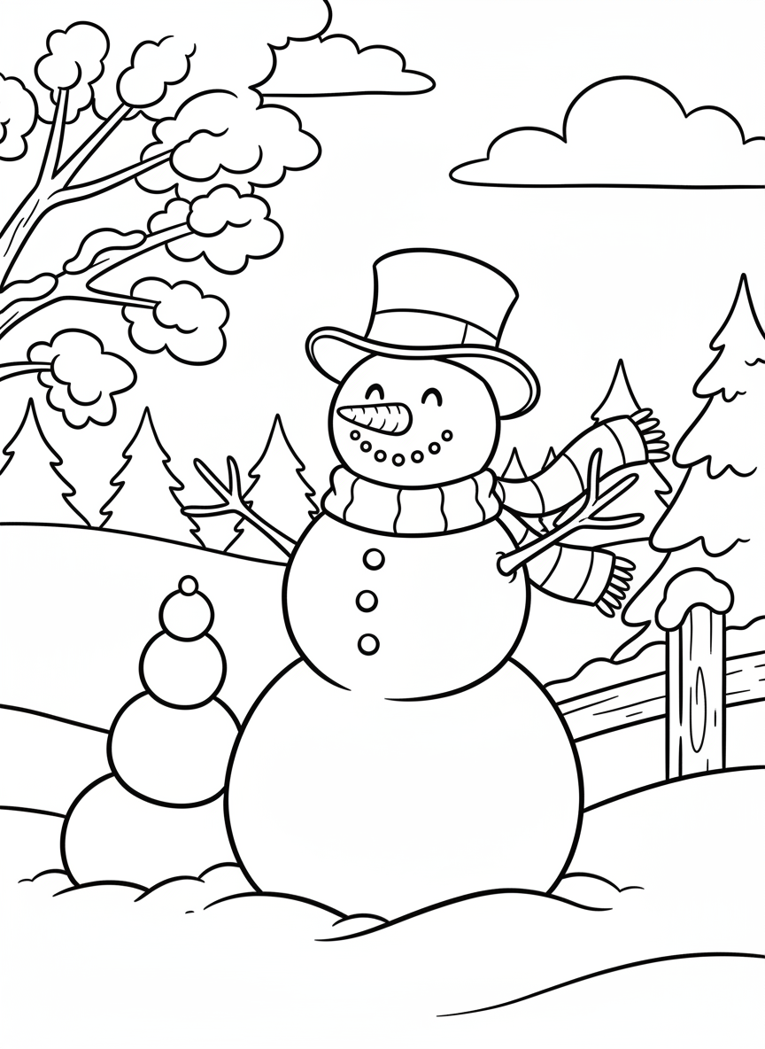 A cheerful snowman wearing a top hat and scarf, standing in a snowy yard with three round snowballs stacked, stick arms, and a carrot nose.