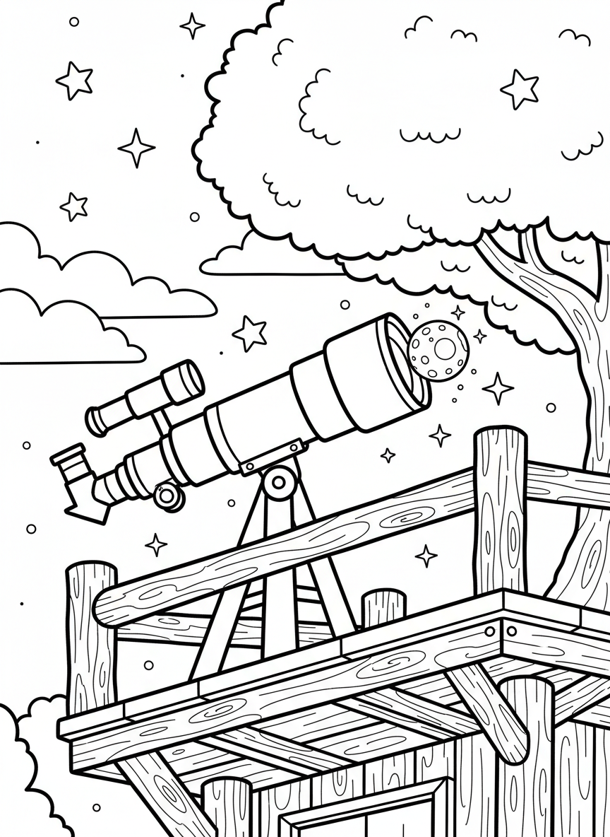 Close-up of a telescope mounted on a treehouse railing with the moon visible through the lens, stars twinkling in the background.