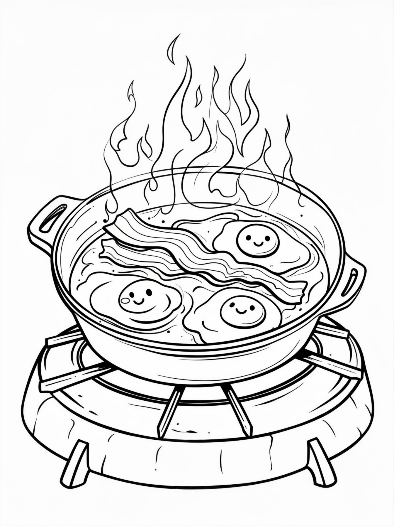 Breakfast Outdoors: A cast-iron skillet sitting on a camp stove with happy bacon and eggs sizzling inside.