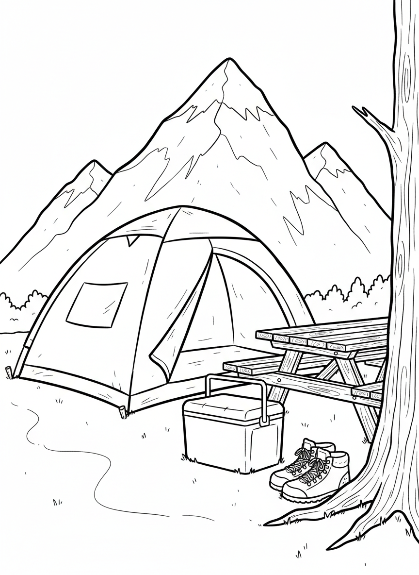 A detailed camping scene showing a tent, picnic table, cooler, and hiking boots by a tree, mountains in the background.