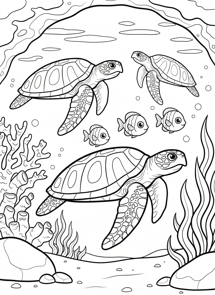 Simple coloring page with exactly 3 large sea turtles and exactly 3 small fish, teaching counting two different groups of ocean animals.
