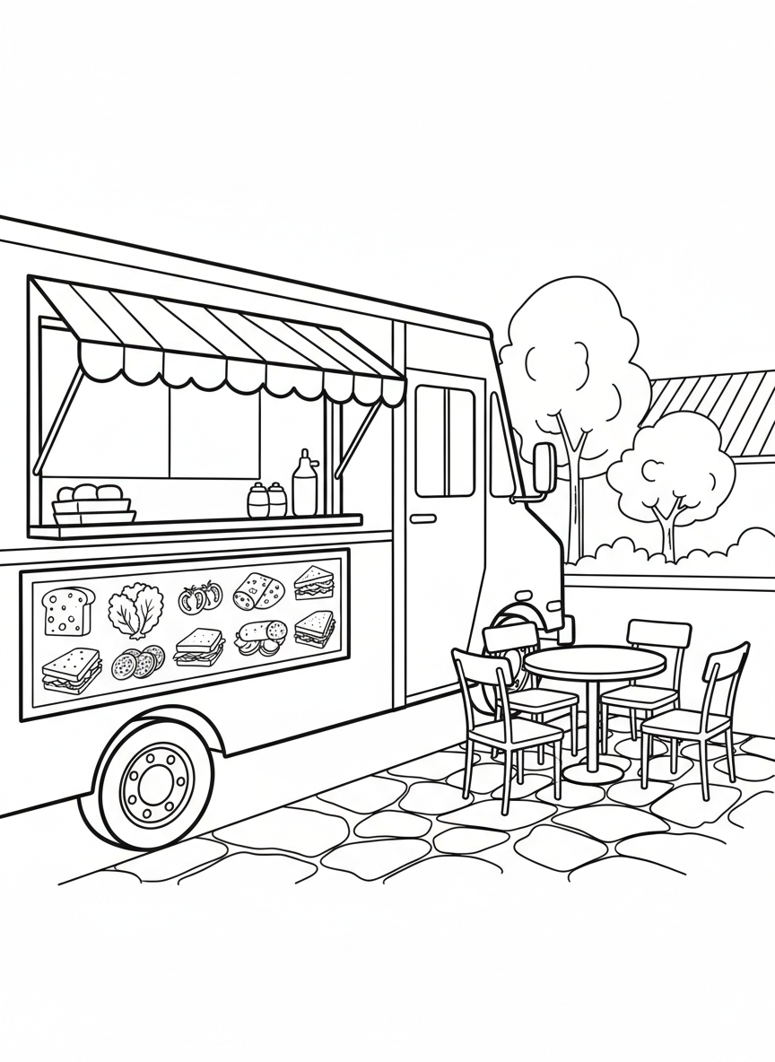 A sandwich food truck with deli-style awning, sandwich ingredients illustrated on the menu board, outdoor seating area