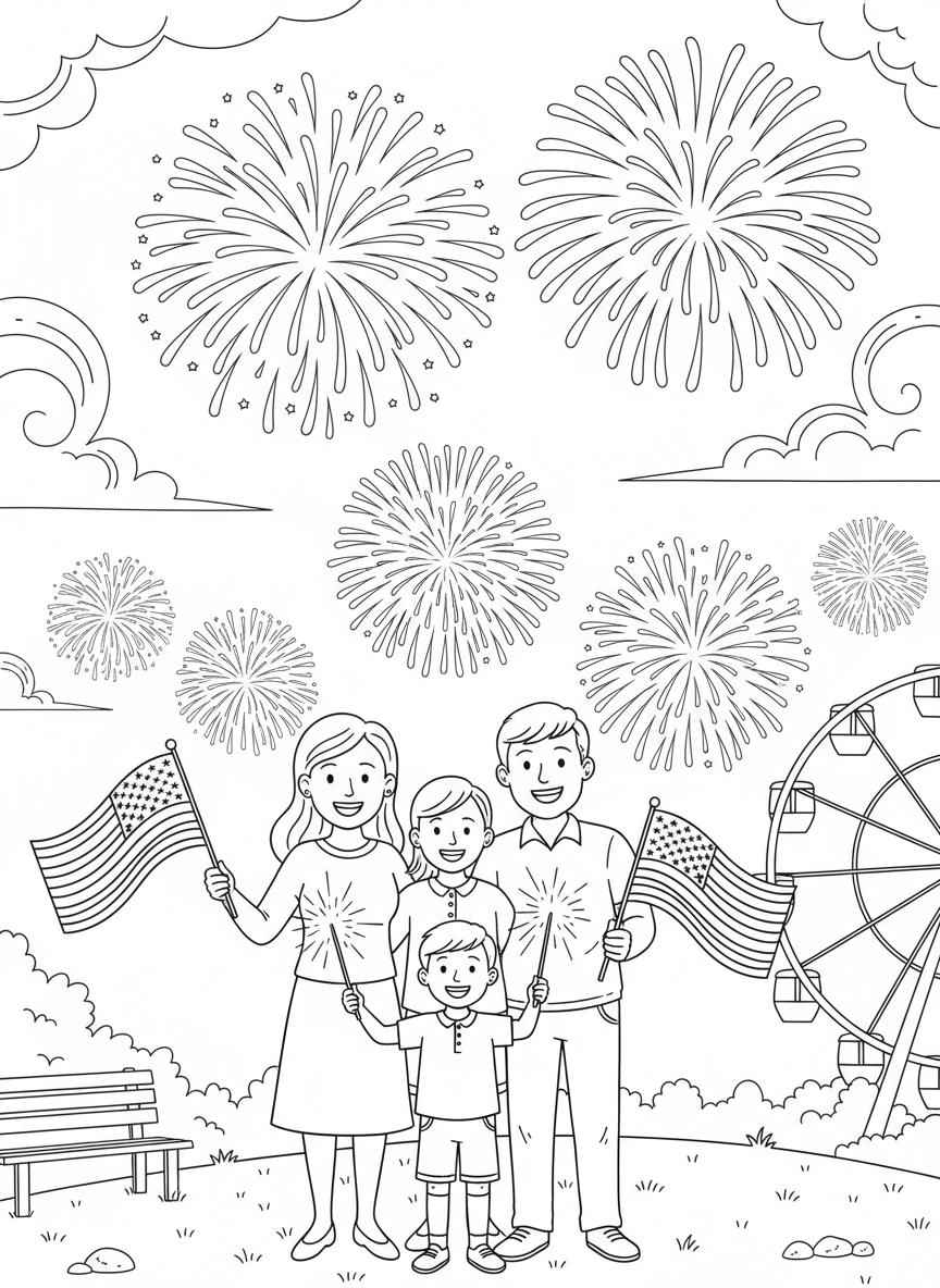 A family of four holding sparklers and American flags, standing together watching fireworks with happy expressions