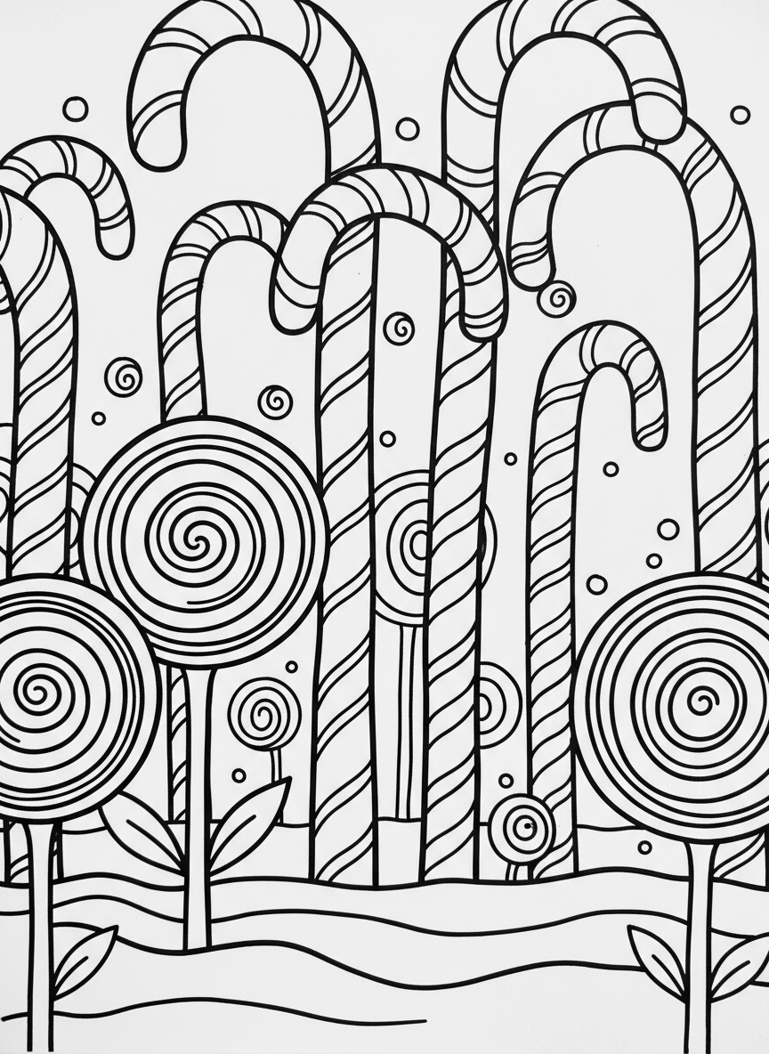 A candy cane forest scene with oversized peppermint sticks growing like trees and lollipop flowers in the foreground.