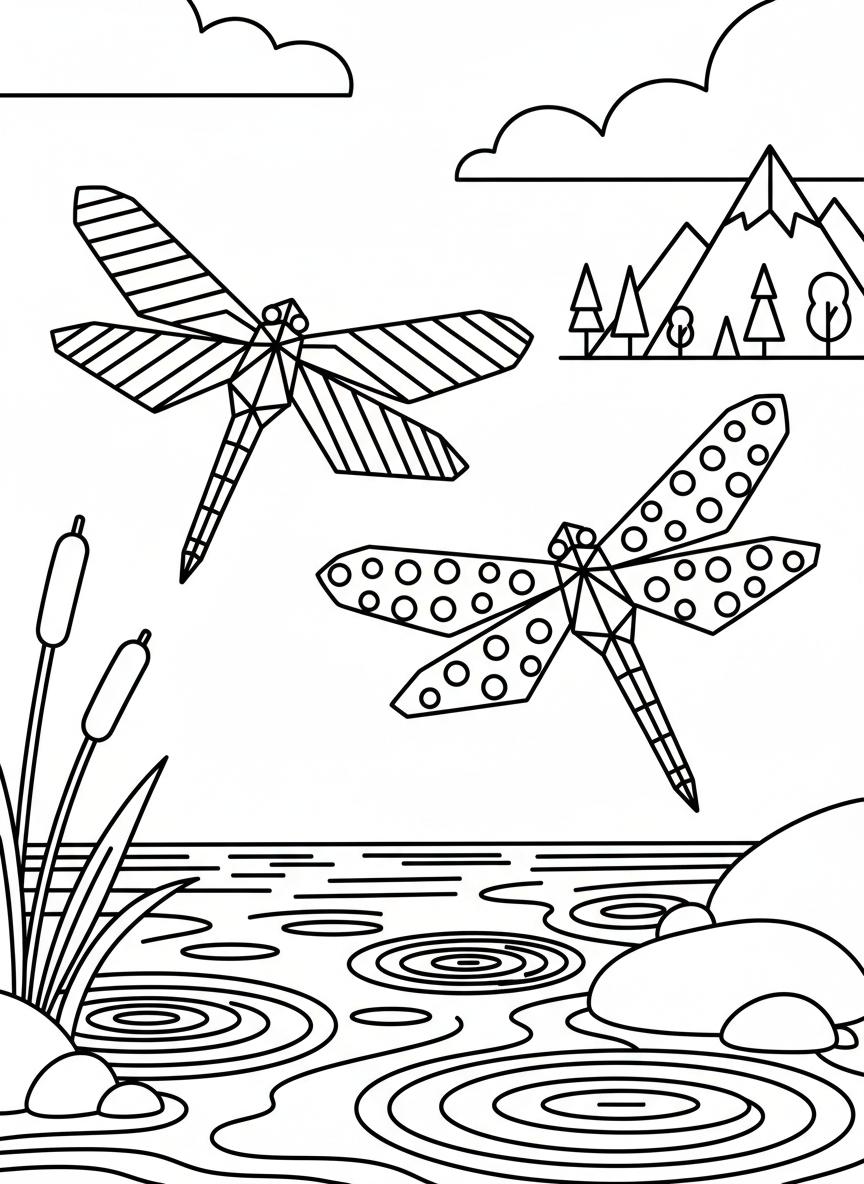 Two origami dragonflies with different wing patterns, one with stripes and one with dots, flying together above water