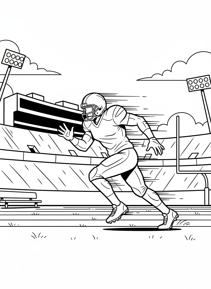 A wide receiver running a route with arms outstretched ready to catch the ball, speed lines showing motion.