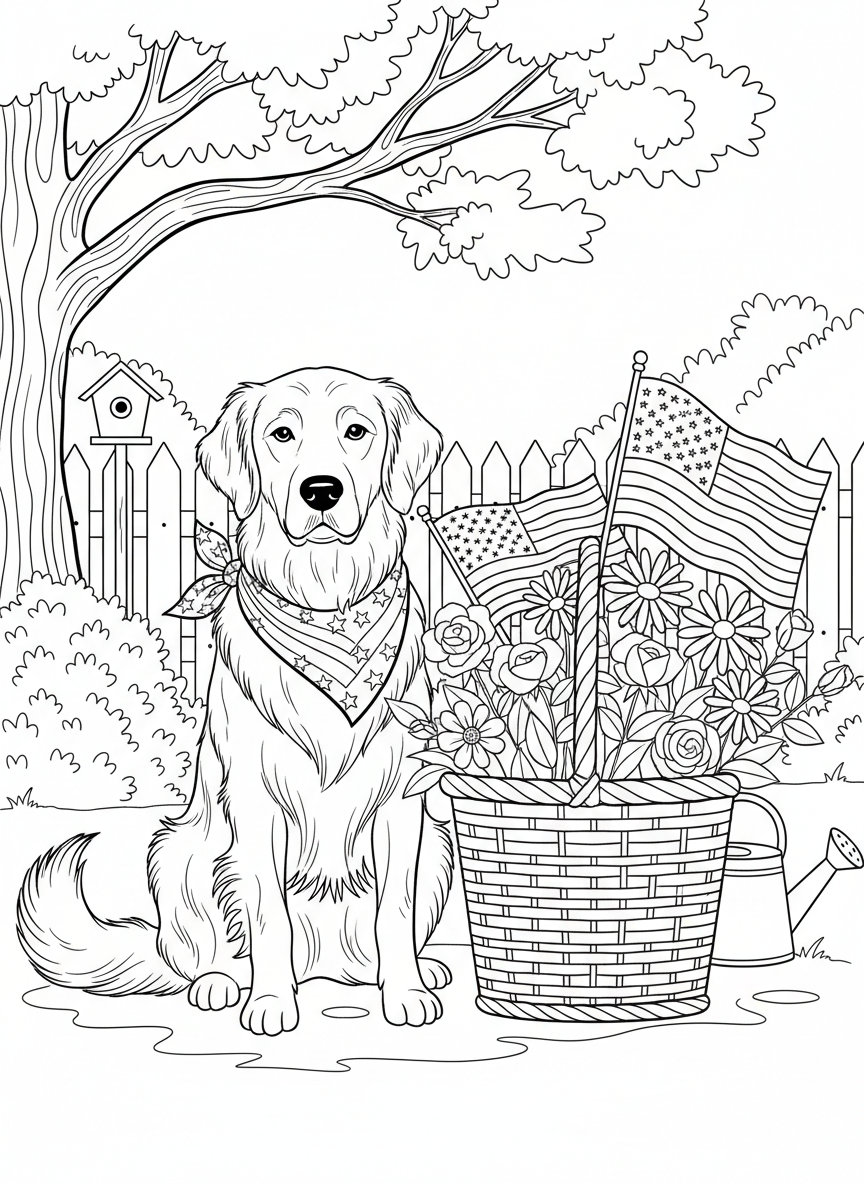 A family dog wearing a patriotic bandana and sitting next to a basket of American flags and flowers.