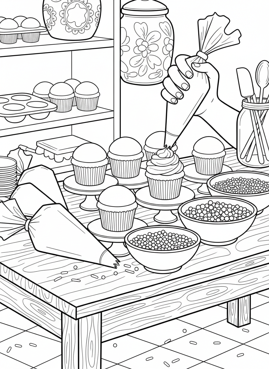 A decorating station with frosting bags, colorful sprinkles in bowls, edible pearls, and blank cupcakes waiting to be decorated.